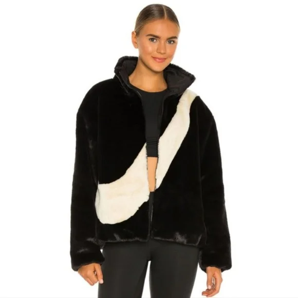 Nike Sportswear Faux Fur Jacket Black Full Zip Women’s Medium - Picture 3 of 16